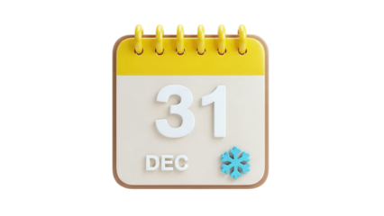 3D Calendar Page Showing December 31st with Snowflake Icon on transparent background