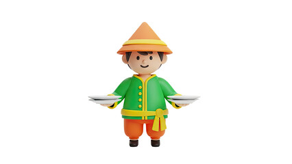 3D cartoon boy waiter with plates on transparent background