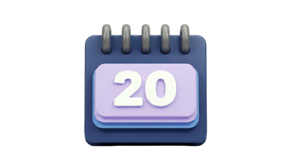 3D calendar icon showing the number 20 on transparent background