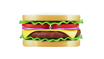3D Cartoon Burger with Lettuce Tomato Onion and Cheese on transparent background