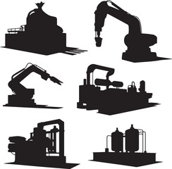 Collection of industrial machinery and robotic arms isolated on transparent background