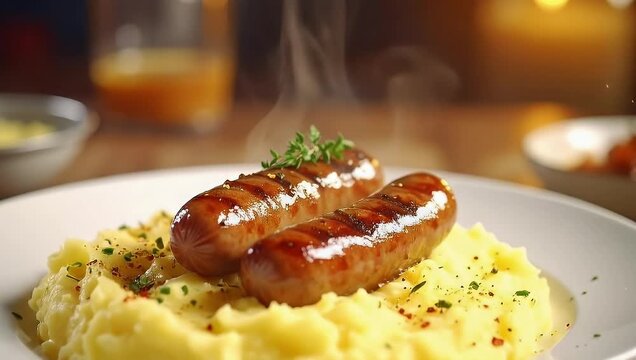 Hot Steaming Grilled Sausages with Creamy Mashed Potatoes, Delicious Traditional English Bangers and Mash with Herbs, Appetizing Comfort Food, Dinner Cuisine