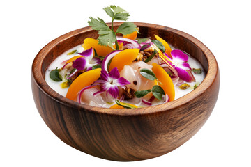 Oka Ia ceviche with raw fish, herbs, onions, and chili served in wooden bowl isolated on white transparent background, concept of traditional Polynesian cuisine