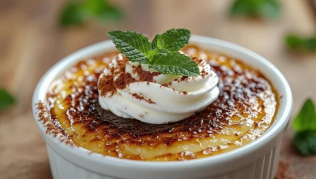 Delectable Cr?me br?l?e Presentation with Mint Garnish: A Culinary Delight Video