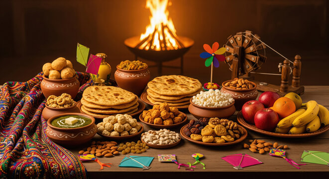 Lohri Festival Bonfire, Traditional Delights, Kites, and Celebrations
