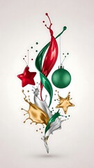 Christmas Ornaments with Artistic Paint Splashes and Gold Stars on Soft Gradient Background