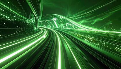 Abstract Green Light Trails Speeding Through Futuristic Tunnel.