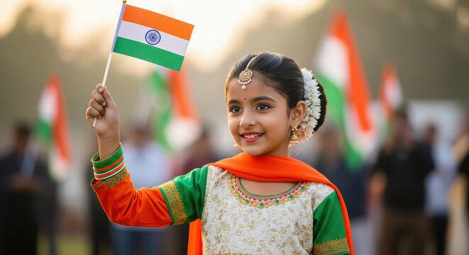 Happy Indian Girl Joyfully Waving National Flag on Celebration Day