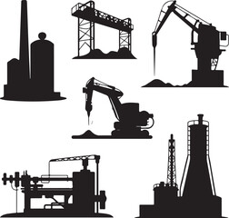Industrial machinery and factory equipment silhouettes isolated