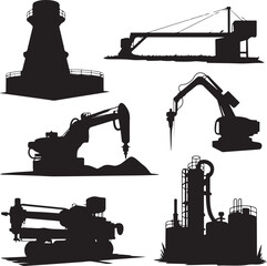 Collection of industrial machinery and equipment silhouettes isolated