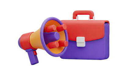 3D cartoon megaphone and briefcase icon on transparent background