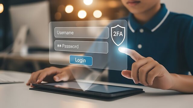 Man using tablet for secure login with 2FA authentication in office, concept of two-factor verification and data protection. - Powered by Adobe