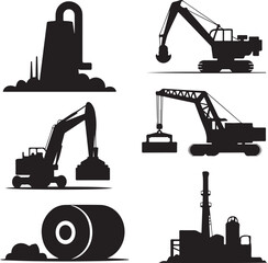 Collection of heavy construction machinery and equipment silhouettes