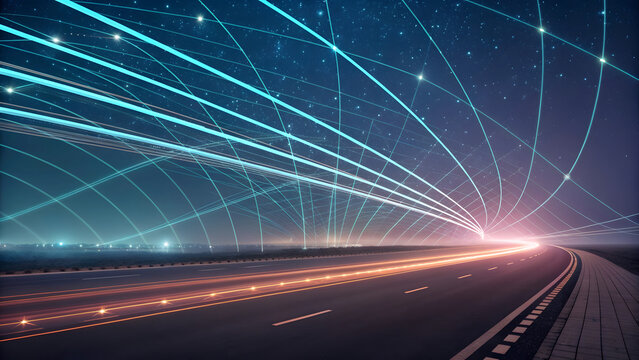 A futuristic highway at night with digital light trails symbolizing data and connectivity - Powered by Adobe