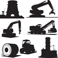 Collection of heavy industrial machinery and equipment silhouettes
