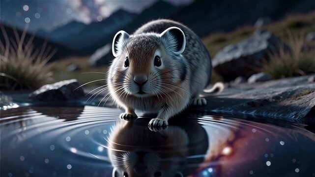 Rare ili pika standing by a water puddle reflecting the galaxy in a starry mountain.
With motion blur and bokeh effect .