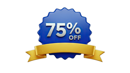3D 75% Off Discount Badge with Gold Ribbon on transparent background