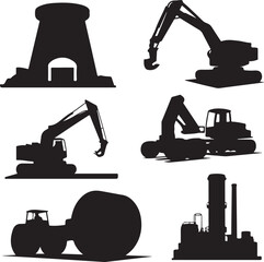 Collection of heavy construction machinery and industrial equipment silhouettes