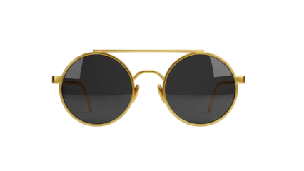 3D Round Gold Frame Sunglasses with Dark Lenses on transparent background