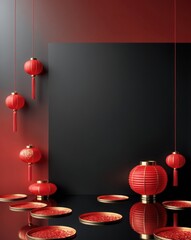 Red lanterns with gold accents hang against a dark background, creating a vertical arrangement.