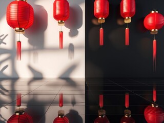 Red lanterns with gold accents hang against a dark background, creating a vertical arrangement.