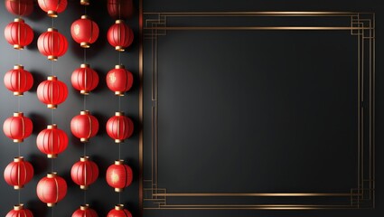 Red lanterns with gold accents hang against a dark background, creating a vertical arrangement.