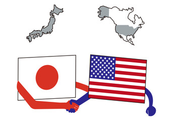 日本とアメリカの地図、国旗、日米同盟のイメージ