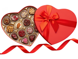 Heart-shaped box of assorted chocolates isolated on transparent background