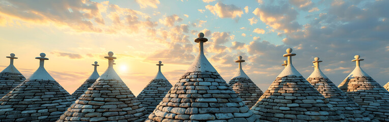 Trulli roofs in Puglia Italy at sunset with cloudy sky