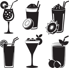Assorted summer drinks and cocktails with fruit garnishes illustration