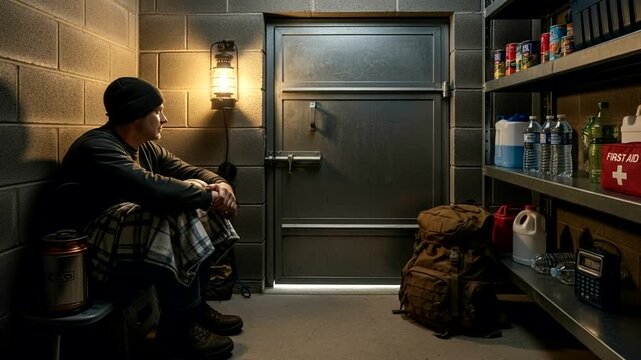 Man sitting in a storage room, contemplating life