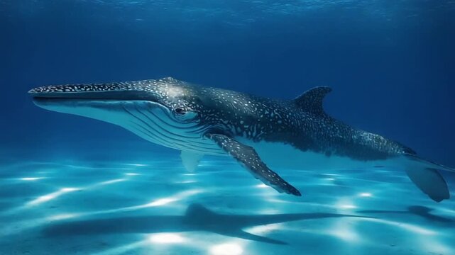 Whale shark with its distinctive spotted pattern glides majestically through clear turquoise ocean water with sunbeams.