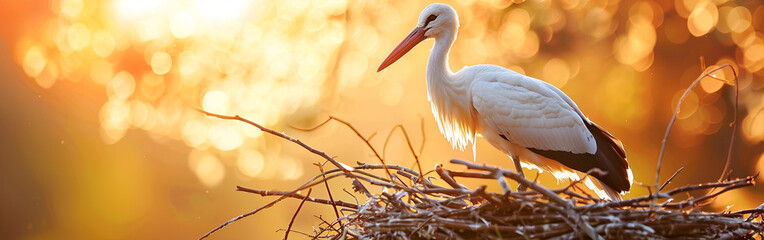 Majestic white stork standing in natural nest at sunset