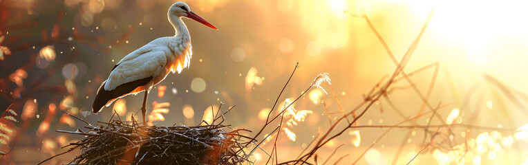 Majestic white stork standing proudly in natural nest at sunrise