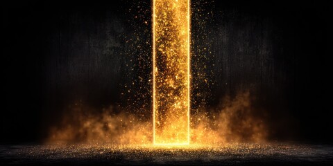 Abstract golden light column illuminating dark background with particles