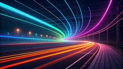 Vibrant light trails create a dynamic tunnel of speed and data on a futuristic nocturnal highway
