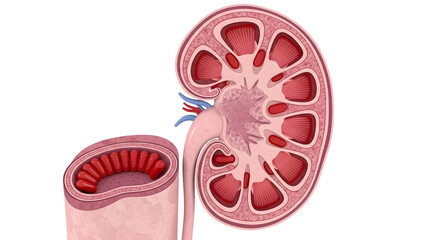 Detailed anatomical illustration of a human kidney showing internal structures and blood vessels, perfect for medical education and healthcare presentations