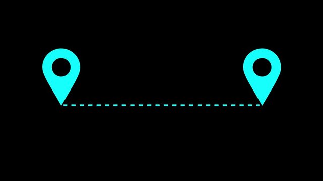 Location destination, path, and route icon showing map animation. Two location pins connected motion graphics. Location symbol bouncing video footage.