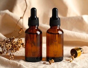 Two amber glass bottles with droppers on a textured surface