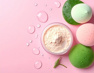 Overhead view jar of powder, drops, and colorful bath spheres on pink