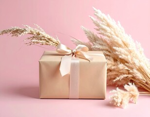 A beige gift box tied with a satin ribbon, dried plumes on pink
