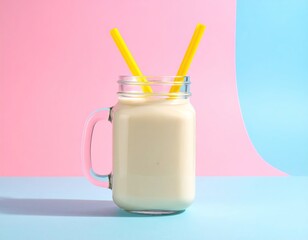 A creamy beverage in a mason jar with yellow straws against pastel background