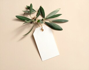 Blank tag tied with twine to olive branch, soft beige background