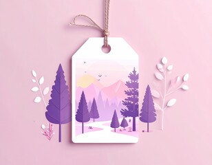 A tag showing a nature scene with trees & mountains, on a pink background