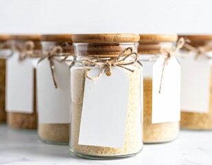 Jars of grains with wooden lids, blank tags, tied with twine, on a white surface