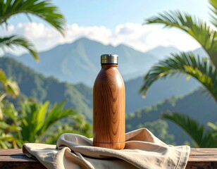 Wooden water bottle on cloth, green mountains in the sunny background