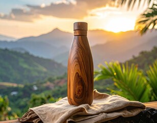 Wooden bottle sits on cloth, overlooking mountains at sunset