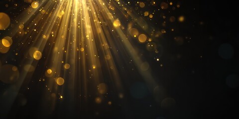 Abstract golden light rays and bokeh against a dark background copy space