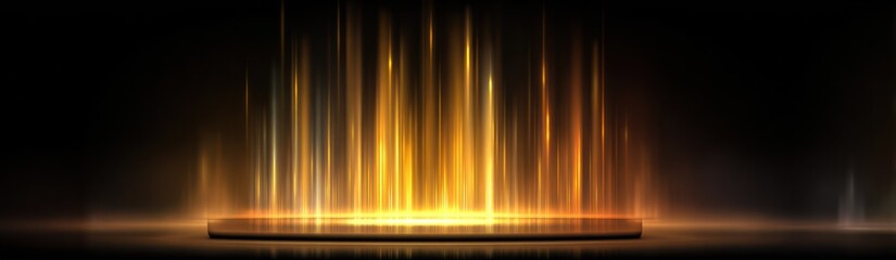 Abstract golden light rays and stage platform on dark background illustration
