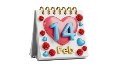 Valentine's Day calendar with heart, roses and number 14 on transparent background